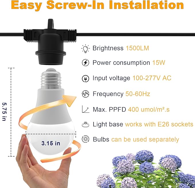 LED Grow Light Bulbs with E26 Base 45W Durable 12 ft String Grow Lights Waterproof Hanging Full Spectrum A25 Plant Lighting for Seeds Flowers Succulents Indoor &amp Outdoor Use (3 Lights)