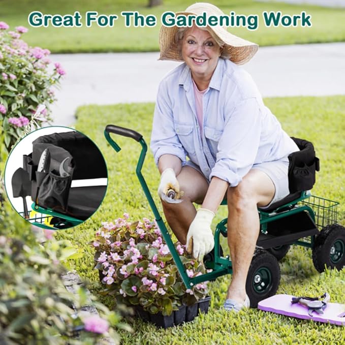Rolling Garden Cart with Cushioned Backrest &amp Seat Outdoor Gardening Stool for Planting Garden Scooter with 360 Degree Swivel Seat &amp Steering Handle &amp Tool Tray (Backrest Seat+Handle Gre