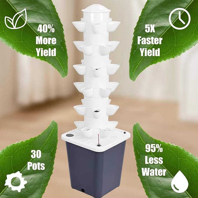 Aeroponics Kit Hydroponic Tower Garden Hydroponic Tower 30 Planting Chambers Suitable for Herbs and Fruits Includes Water Pump/Adapter/Net Basin 6layers30holes