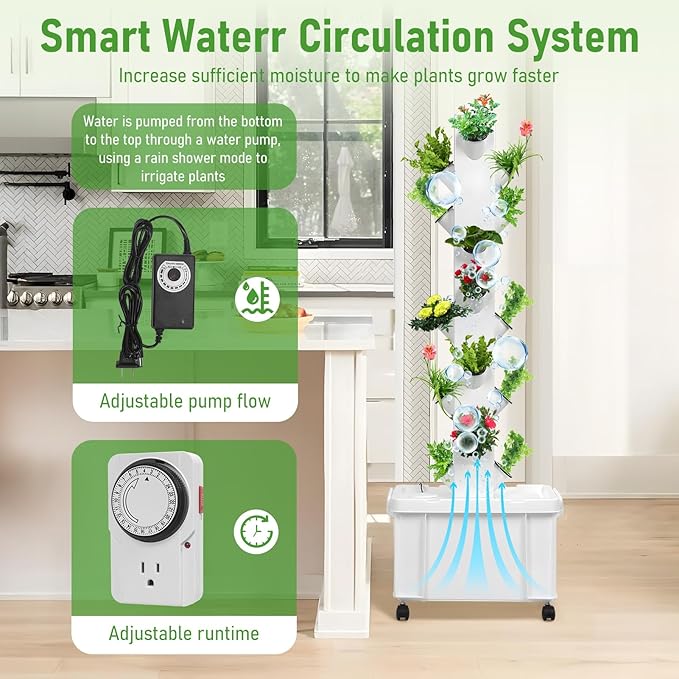 Hydroponic Tower Growing System with Pump and Wheels 20-Plant Vertical Garden Planter 5-Tier Indoor Herb Growing Kit Movable Hydroponics for Home Gardening Enthusiasts White 1 US Plug