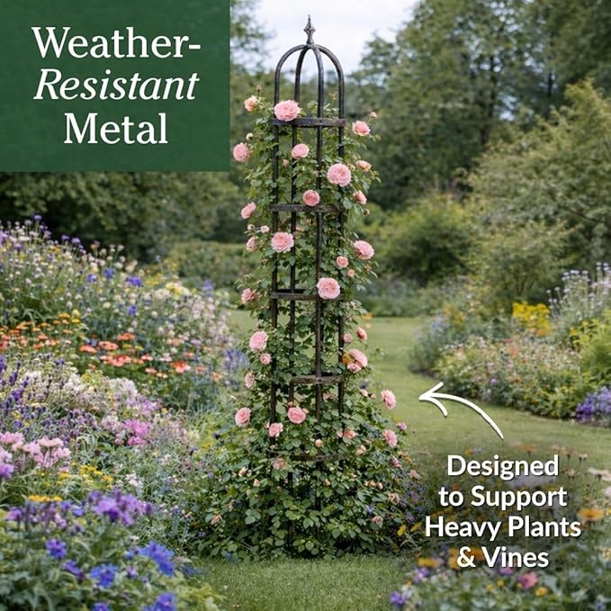 Plow &amp Hearth Metal Garden Obelisk | Indoor/Outdoor | Powder-Coated Steel | Trellis for Climbing | Floral Pattern | 11 Dia. x 7'H | Bronze