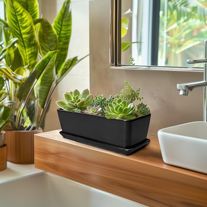 SQOWL Rectangle Planter - 10 Inch Ceramic Plant Pots with Drainage Hole and Saucer Rectangular Succulent Planters for Indoor Plants Flower Cactus Herb Pots Outdoor Room Decor Garden Gifts Black