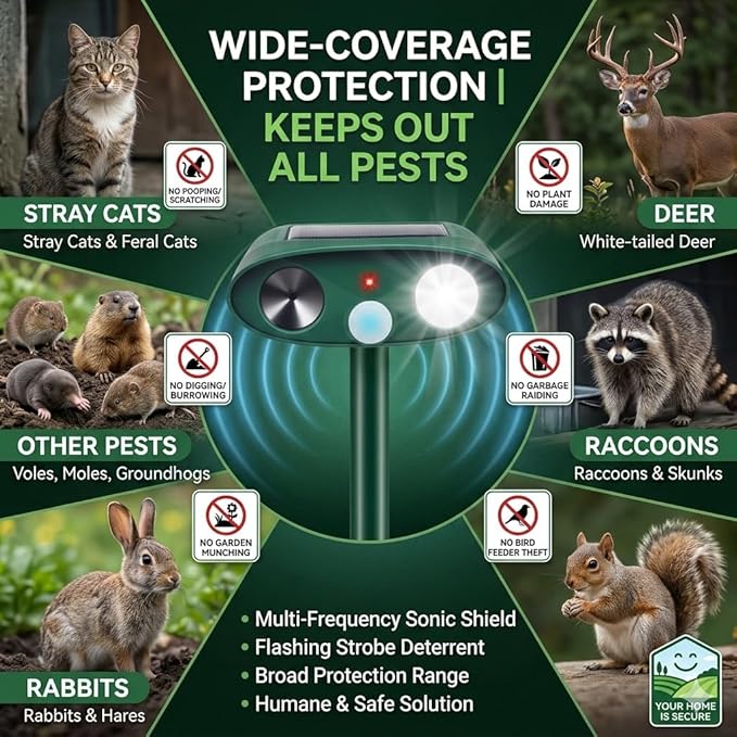 2026 Sonic Fortress Pro Deer Repellent DevicesSquirrel Fortress Pro with Motion Sensor&ampFlash LightIP65 Waterproof Solar Ultrasonic Animal Repellen to Scare Cat Rabbit Out of Garden Yard 2Pack