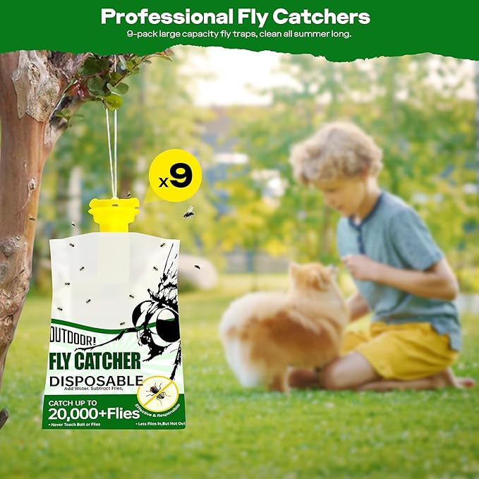 9 Pack Fly Traps Outdoor Disposable Hanging Fly Traps with Natural Pre-Bait Non Toxic Fly Catcher Fly Repellent for Home Backyard Patio &amp Camping Pool Barn Stable Ranche Farm