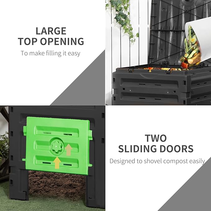 Outsunny Garden Compost Bin 120 Gallon (450L) Garden Composter BPA Free with 80 Vents and 2 Sliding Doors Lightweight &amp Sturdy Fast Creation of Fertile Soil Black