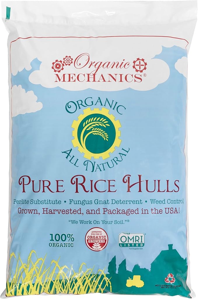 Organic Mechanics Pure Rice Hulls 2 Cu Ft - Sustainable Alternative to Perlite - Enhances Drainage Porosity and Air Space - Eco-Friendly