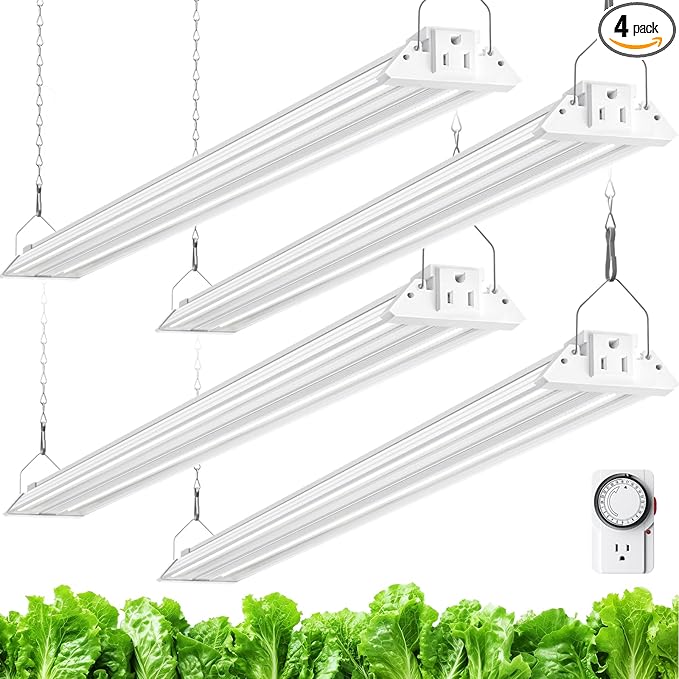 Barrina TX72 4FT Grow Lights for Seed Starting 288W (4 x 72W 2000W Equivalent) High PPFD 5000K Daylight Full Spectrum Mechanical Timer Hanging Grow Lights with On/Off Switch Linkable 4 Packs