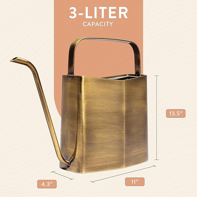 Modern Sprout Brass Finish Plant Watering Can - 3L Capacity - Long Spout Stainless Steel Vessel for Outdoor &amp Indoor Plants - Rust Resistant - Garden Accessory for Houseplants &amp Decorative Use