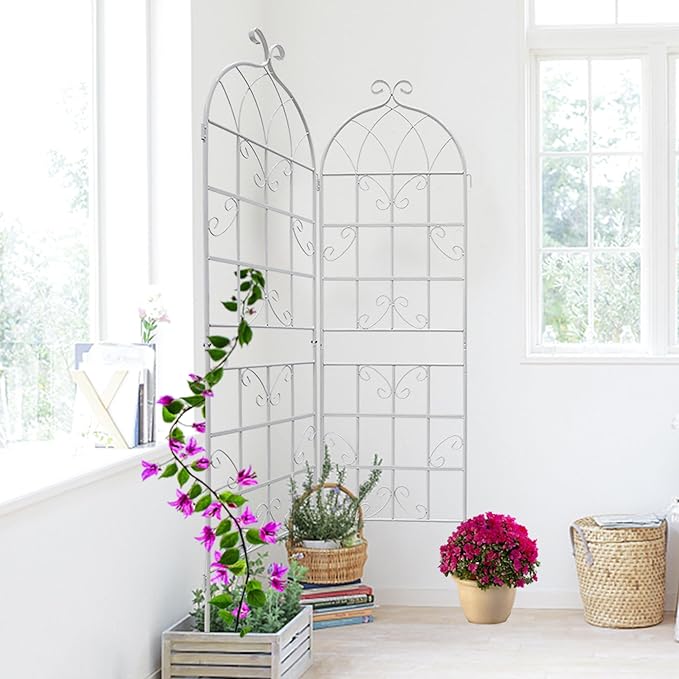 2 Pack Metal Garden Trellis for Climbing Plants Indoor/Outdoor - Large Decorative Rustproof Garden Trellis Plant Support for Cucumbers Tomatoes Peas Roses &amp Vegetables 71H x 19.7W Cream Whi