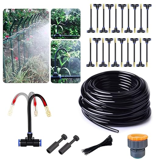 Garden Watering System Greenhouse Mist Drip Irrigation Kit65Ft Hanging Plant Watering System with 20 Three-Way Atomizing Nozzle and 12mm IrrigationTubing Hose Gold