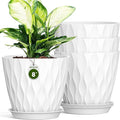 8 Inch Plant Pots with Saucers (4 Pack) - Modern Ribbed Flower Pots for Indoor Plants - Sturdy Decorative Planters for Snake Plant &amp Flowers - Drainage Holes (4 White)