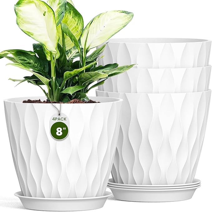 8 Inch Plant Pots with Saucers (4 Pack) - Modern Ribbed Flower Pots for Indoor Plants - Sturdy Decorative Planters for Snake Plant &amp Flowers - Drainage Holes (4 White)