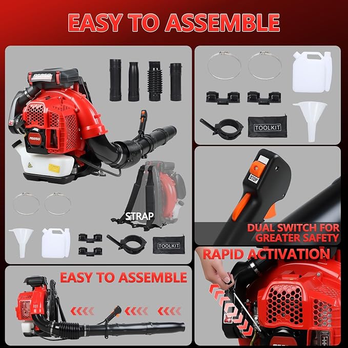 Backpack Leaf Blower 80CC 2-Stroke Gas Powered Leaf Blower with 900CFM/92.2m/s 3.5kw Professional Backpack Blower for Large Gardens Heavy Duty Red