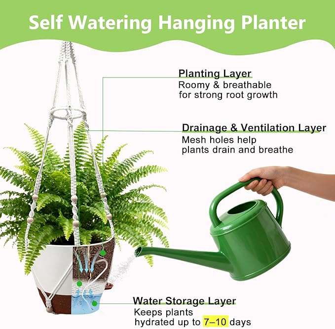 2 Pack Hanging Planters with Grow Light for Indoor Plants 10” Self Watering Pots for Apartments &amp Low-Light Rooms Macrame Hangers Timer Drainage Holes &amp Removable Tray