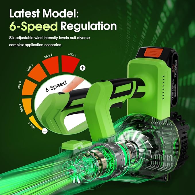 Cordless Leaf Blower 21V 6-Speed High Power Electric Blower with 6.0Ah Battery Lightweight Design 2 Batteries &amp Fast Charger for Lawn Patio Dust and Leaves（Black Green）