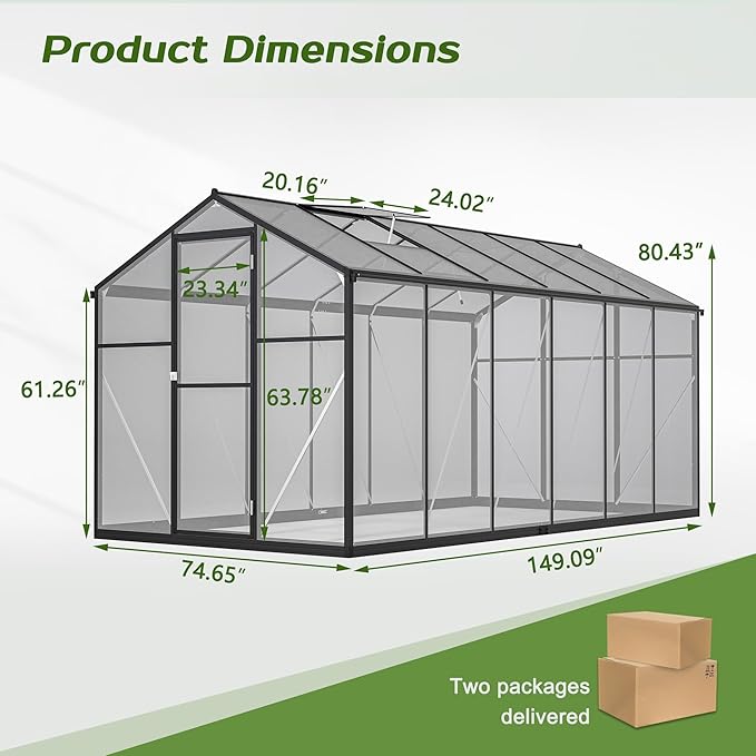 6.2x12.4FT Greenhouse for OutdoorsPolycarbonate Heavy Duty Greenhouse Large Winter Proof Walk-in Green House Aluminum Frame greenhouses for Outdoors Heavy DutyBlack