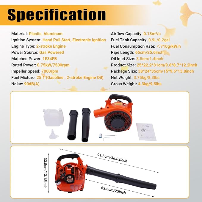 Gas Leaf Blower 2-Stroke 25.4CC4.59FT³/H Handheld Gas Blower for Lawn Care7000rpm Powerful Clearing Performance Leaf Blower for Road MaintenanceSanitation Cleaningetc.
