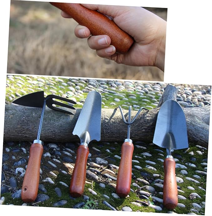 Mikikit 4pcs Mini Garden Tool Set Sturdy Iron Spade Handle for Planting Transplanting and Weeding Gardening Tools for Enthusiasts