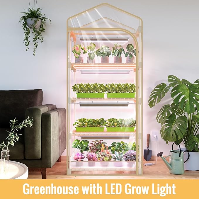 Mini Indoor Greenhouse with Grow Light4 Tiers Plant Shelf with 1.6FT 20W Full Spectrum Grow Light with Timer for Seed Starting Ventilation Window &amp Bottom Pouch 27 L x 19 W x 63 H