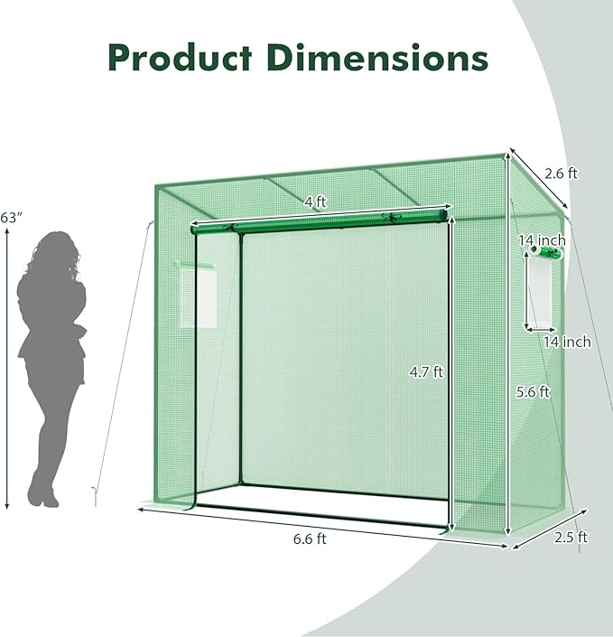 Happygrill Mini Greenhouse Walk-in Greenhouse w/PE Cover 4 Wind Ropes &amp Ground Stakes Roll-up Zipper Door Double-Layer Screen Windows Portable Small Greenhouses for Outdoors 6.6 x 2.5 x 5.6
