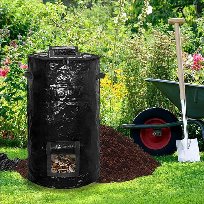 80 Gallon Compost Bin Bag for Outdoor Plastic Composting Bin with Zipper Lid and Handles Garden Kitchen Food Waste Lawn Leaf Reusable Compost Bag Friendly Organic Waste Collector ((2 PCS) Black)