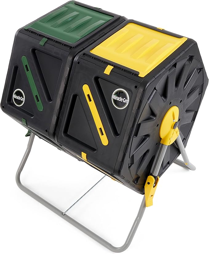 Miracle-Gro Dual Chamber Compost Tumbler – Easy-Turn Heavy-Duty Outdoor Bin Composter with 2 Sliding Doors (2x18.5 Gal/70L