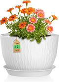 12 Inch Large Plant Pots for Indoor or Outdoor Plants Wide Water Ripples Flower Pots with Drainage Holes &amp Saucer Plastic Planters Set for Garden &amp Home Decor (White)