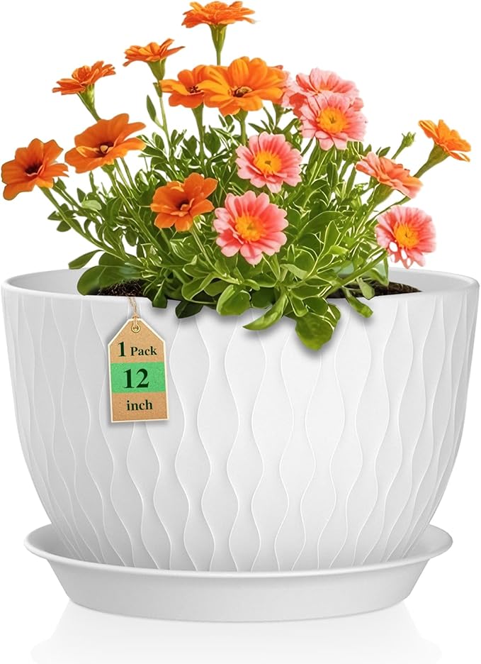 12 Inch Large Plant Pots for Indoor or Outdoor Plants Wide Water Ripples Flower Pots with Drainage Holes &amp Saucer Plastic Planters Set for Garden &amp Home Decor (White)