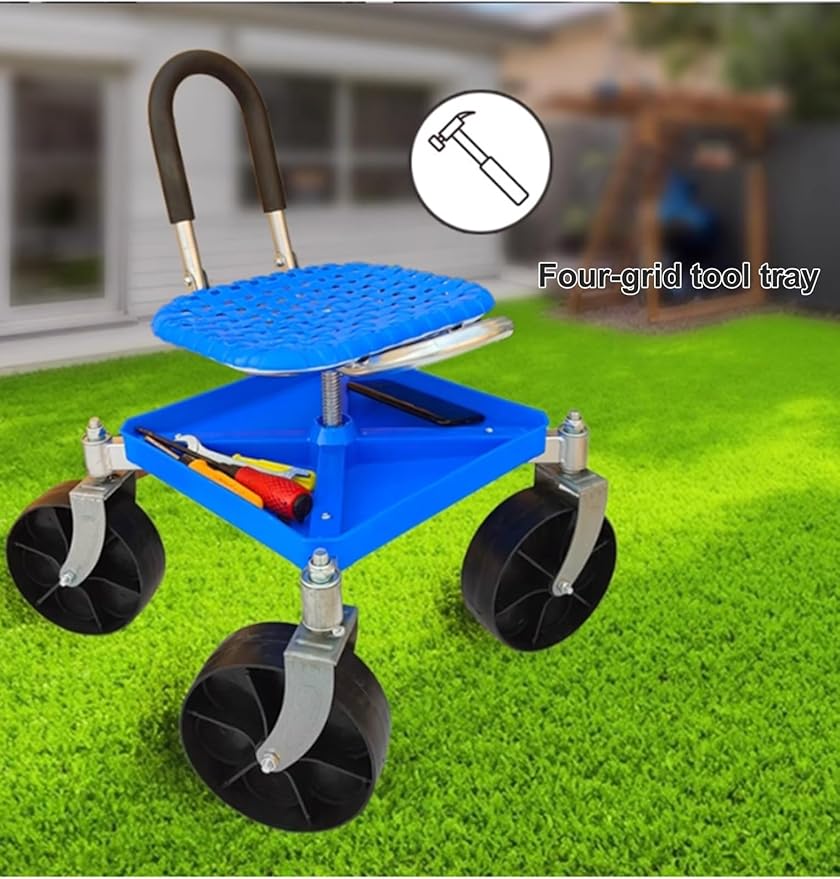 Rolling Garden SeatAdjustable Height Gardening Stools and Seats360° Rotating Gardening Seat with Wheels and Storage(Blue)