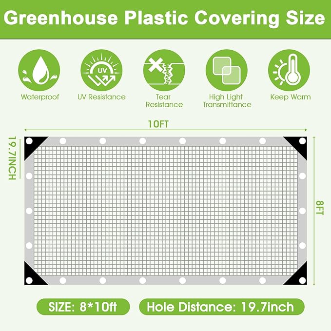 16 Mil Clear Plastic Tarps Heavy Duty Waterproof 8x10 FTGreen House Plastic Covering SheetingUV Resistant Greenhouse Cover Clear Tarp with Grommets for GardenFarmsNurseryChicken Coop Winter Wrap