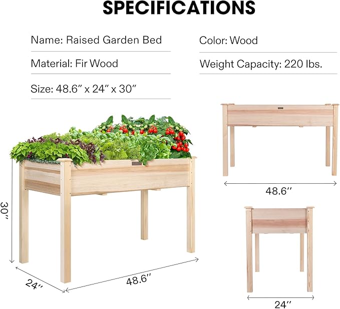VIVOSUN Elevated Wooden Raised Garden Bed 48 x 24 x 30 Inches Outdoor Wood Planter Box w Bed Liner and Gloves for Garden Patio Balcony Backyard and Outdoors 220-Pound Capacity (Pack of 2)