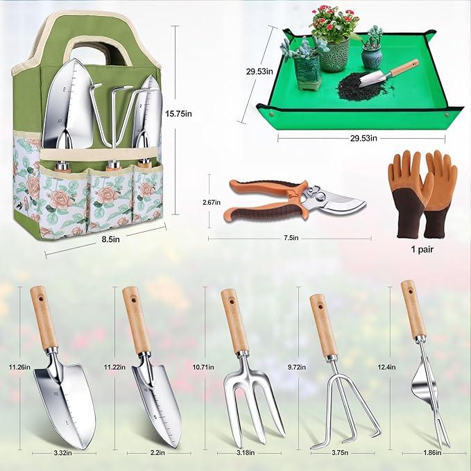 Kynup Gardening Tools Garden Tools Set-9 Piece Gardening Gift for Women Gardening Kit Ideal Hand Gardening Spades Thickened Stainless Steel Rust-Proof Garden Supplies Essentials Garden Stuff