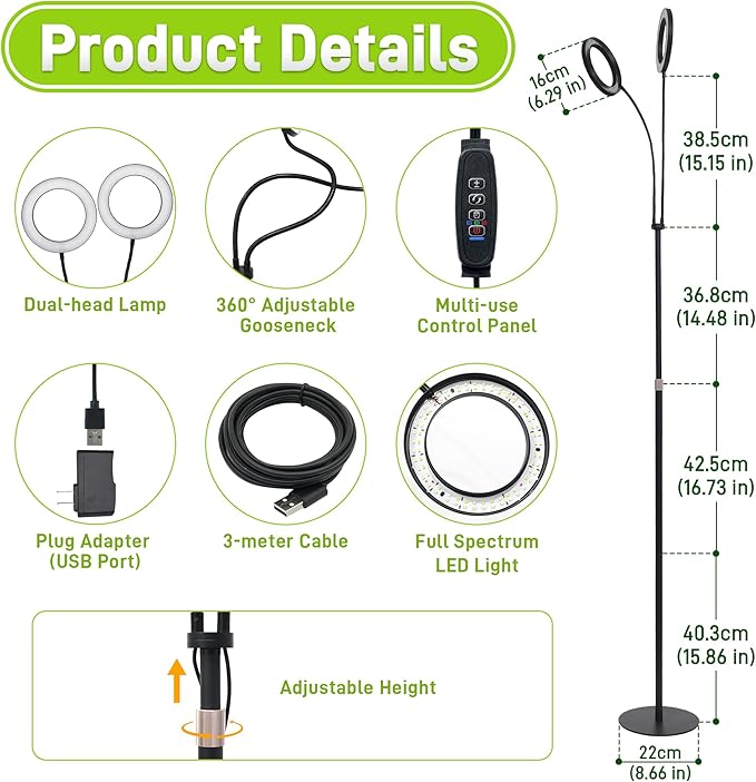 Grow Lights for Indoor PlantsDouble Head Full Spectrum LED Plant Light with Stand6 Dimmable Levels &amp 3 Lighting Modes Auto On Off Timer 3/9/12H 38-67 inches Adjustable Height Black