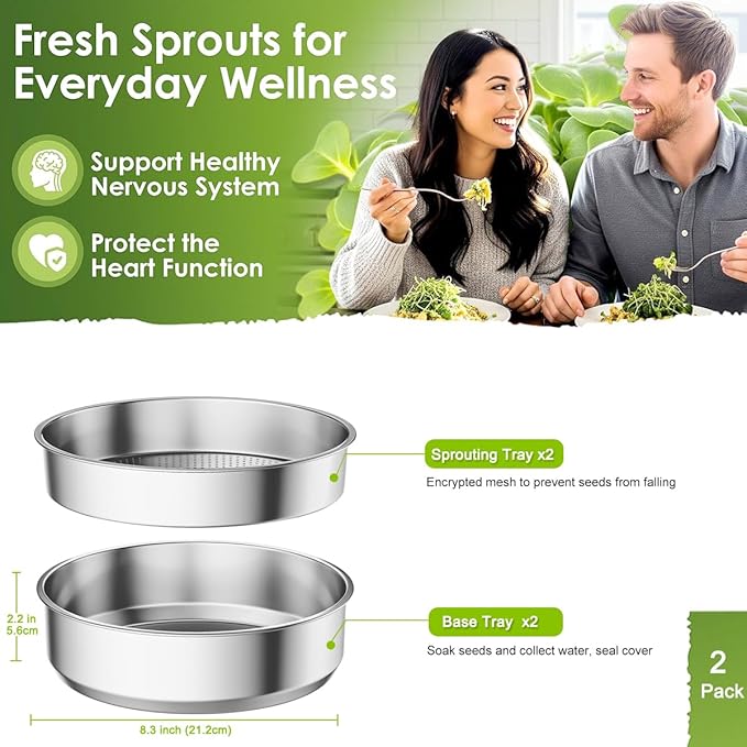 FANHAO 2 Pack Stainless Steel Seed Sprouter Trays Food-Grade Microgreens Growing Tray Soil-Free Cultivation Germination Tray for Indoor or Outdoor Sprouting Seeds Grow Grass Beans (Without Lids)