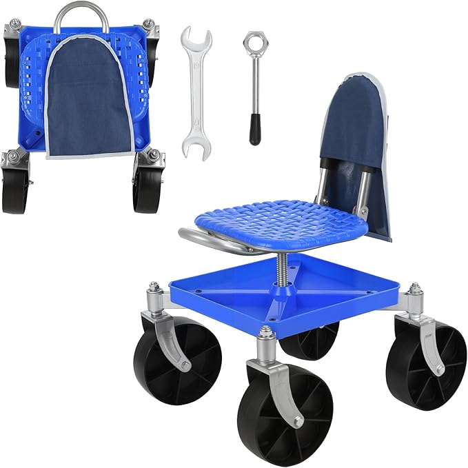 Height Adjustable Rolling Garden Work Seat with Storage - Heavy Duty Mobile Stool &amp Tool Cart 330 lbs Capacity for Yard Patio &amp Seniors Blue