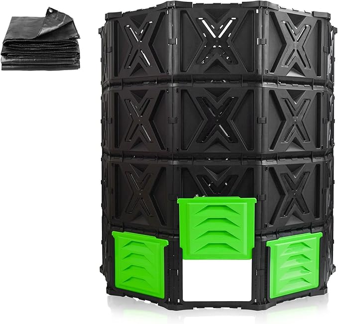 SQUEEZE master XXL Large Compost Bin Outdoor- 720L /190 Gallon-Easy Assembly-No Screws-Sturdy&amp Durable-Green Door