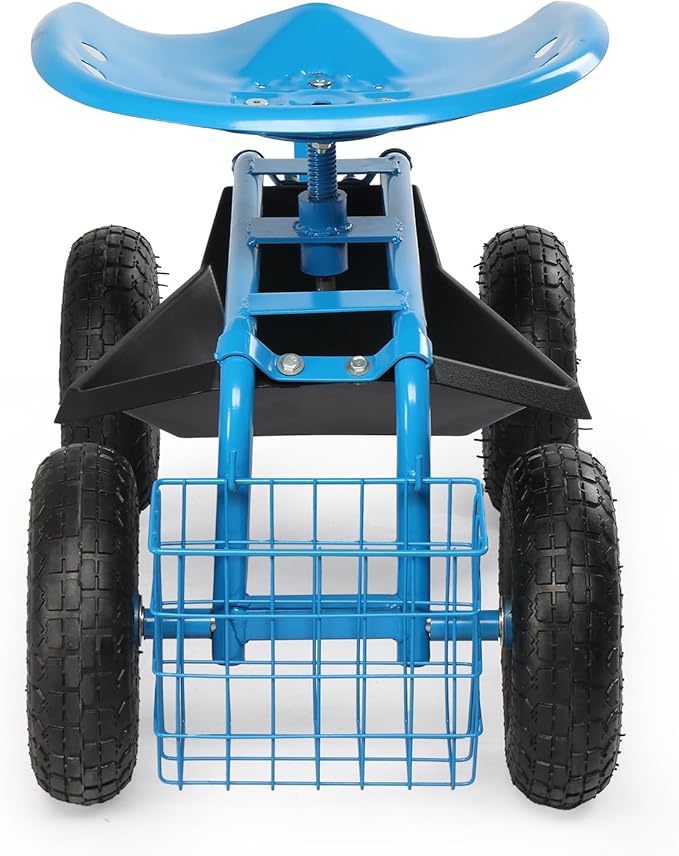 Rolling Garden Work Seat with 360-Degree Swivel Seat Adjustable Height Gardening Stool with Steering Handle and Tool Storage