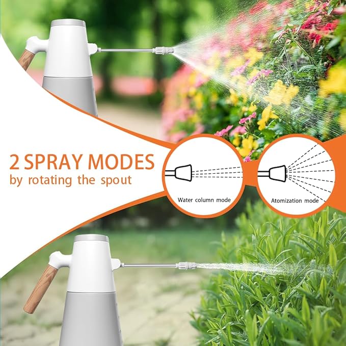 Electric Plant Mister with 180° Adjustable Long Nozzle 2 Spray Modes Battery Operated Garden Sprayer for Indoor Outdoor Plants – Minimalist White Design with Wood Grain Handle