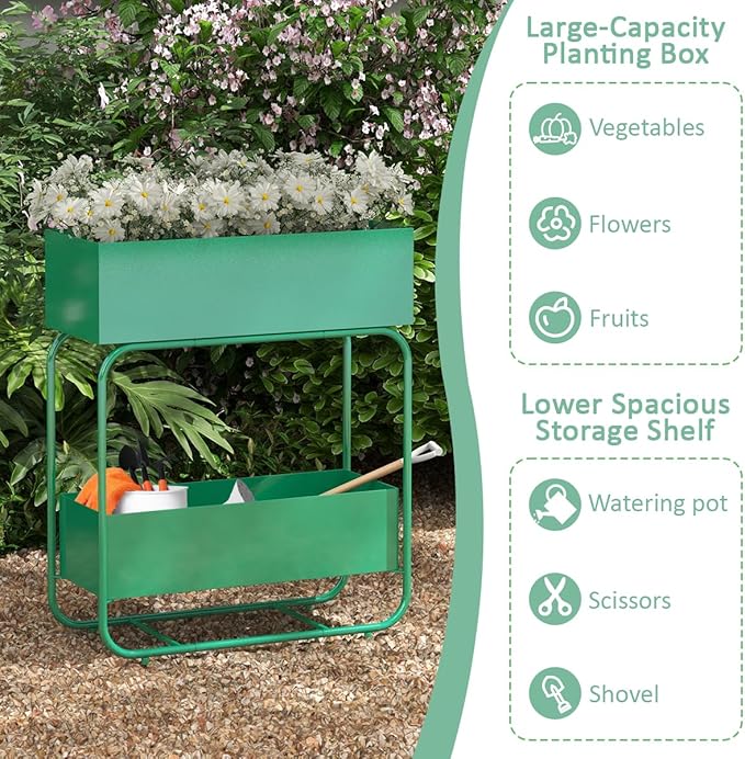 Raised Garden Bed 2 Tier Outdoor Metal Planter Box Plant Stand with Drainage Planter Holder Rack Fruit Vegetables and Flowers Can Be Grown Green
