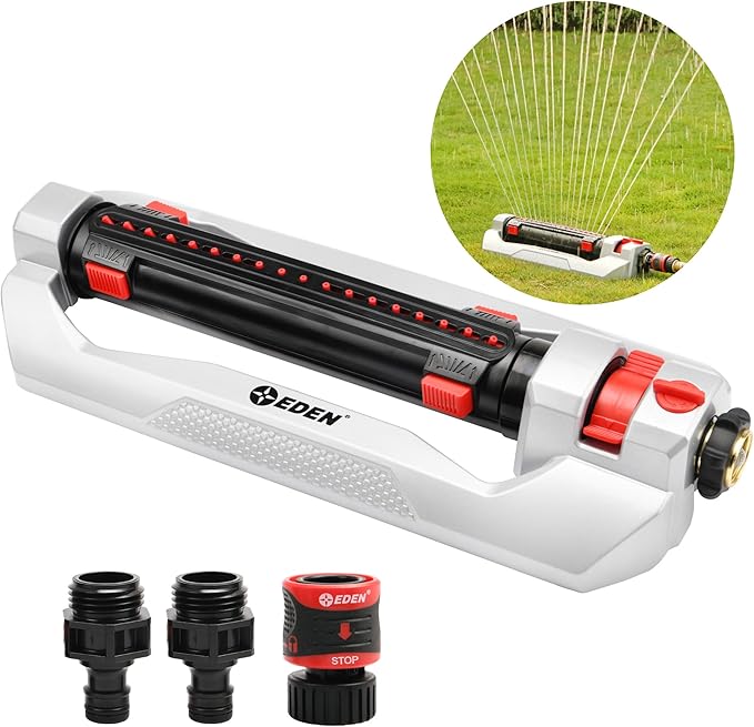 Eden 94095 Heavy Duty Turbo Oscillating Sprinkler Covers Up to 4000 sq. ft. 18 Precision Nozzles Weighted Aluminum Base Adjustable Range Flow Control Width Adjustment Tabs Quick Connect Bundle