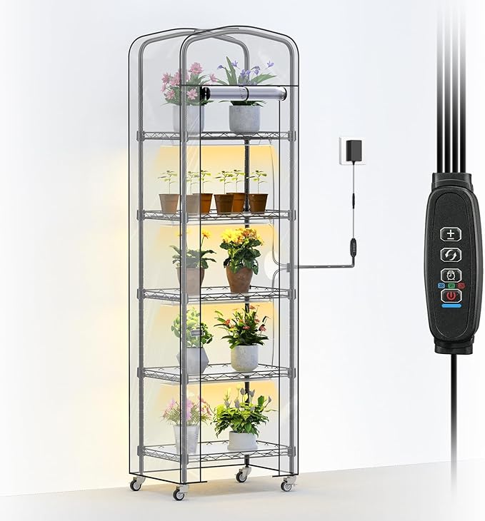 Abimars 5-Tier Mini Greenhouse with Grow Light Shelf Height Adjustable Metal Plant Shelf with PVC Cover and Wheels Includes 4-Pack Full Spectrum Plant Lights 11x16x57inch