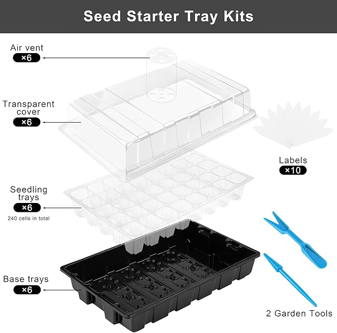 Elcoho 6 Pack Seed Starter Tray Kit 40 Cells Seedling Trays with Humidity Dome and Base Mini Propagator Plant Nursery Pots Total 240 Cells for Greenhouse Plants Growing Black