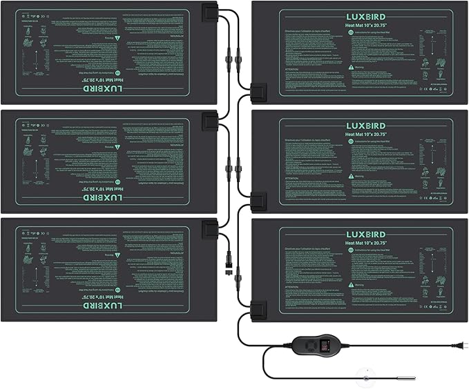 LUXBIRD 6 Pack 30W Seedling Heating Mats 10 x 20.75 with Thermostat Controller Idea for Seed Starting Germination Greenhouse (LB-HT06)