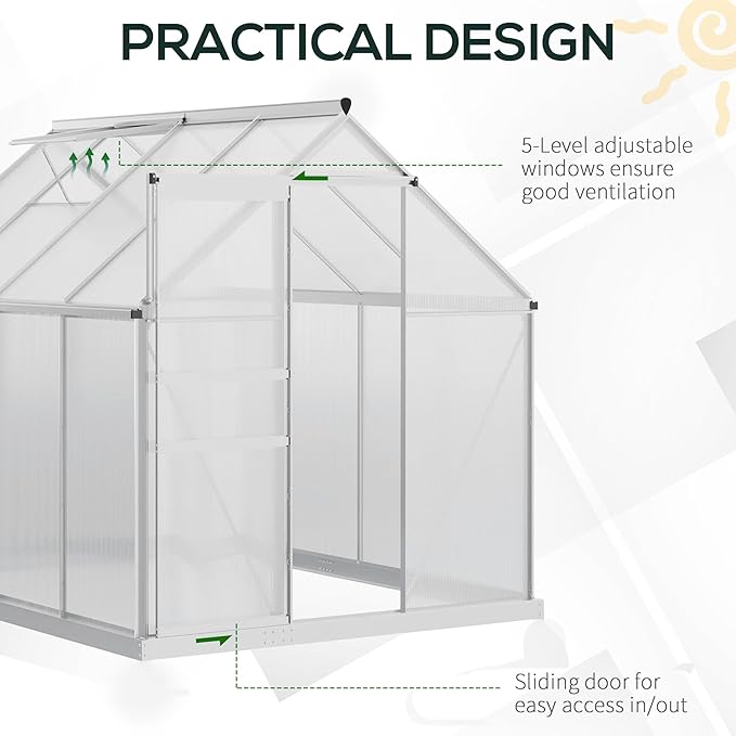 Outsunny 6' x 8' x 6.5' Polycarbonate Greenhouse with Adjustable Roof Vent Walk-in Heavy Duty Green House Kit with Aluminum Frame Sliding Door and Rain Gutter for Winter Silver