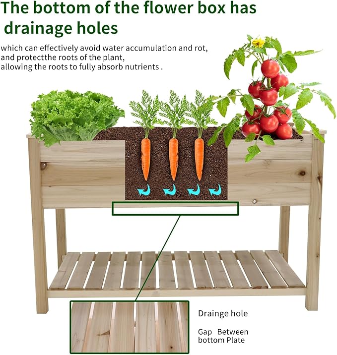 Raised Garden Bed Planter Box with Legs &amp Storage Shelf Wooden Elevated Vegetable Growing Bed for Flower/Herb/Backyard/Patio/Balcony 48.5x30x24.4in(colourless)