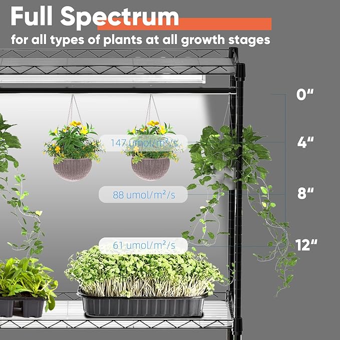 Plant Shelf with Grow Light 4-Tier Metal Grow Light Shelf with Hanging Rod and Adjustable Rack3-Pack 6000K T12 LED Full Spectrum Grow Lights for Seed Starting Succulents Built-in Timer