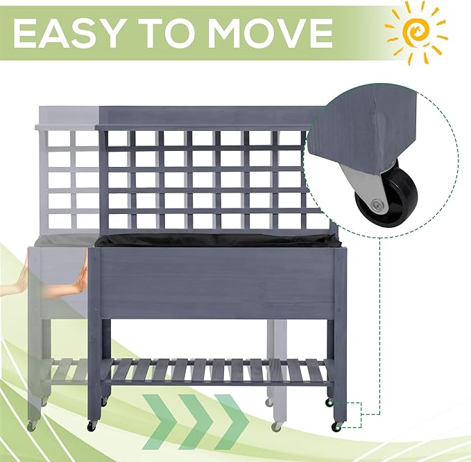 Outsunny 41 Raised Garden Bed with Trellis on Wheels Wooden Elevated Planter Box with Legs and Bed Liner for Flowers Herbs &amp Vegetables Gray