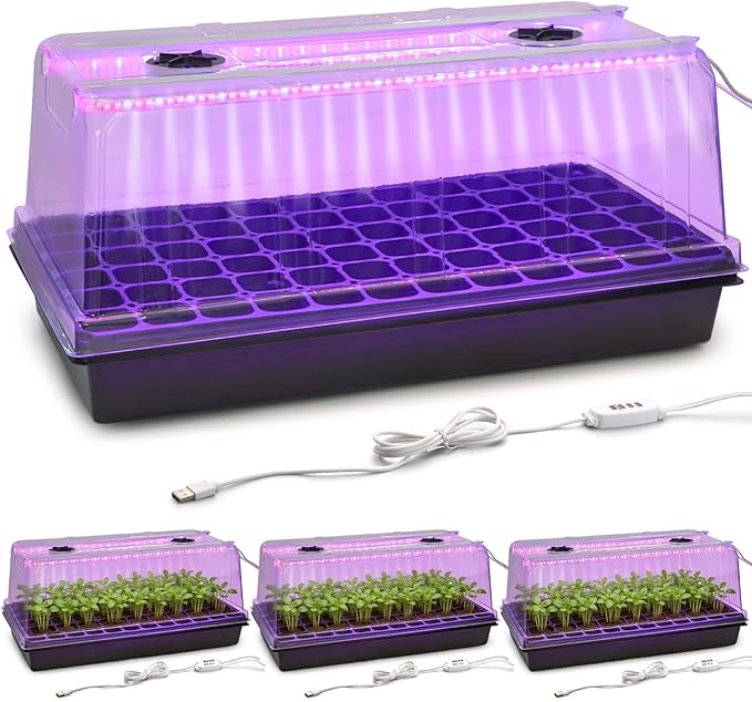 1020 Trays with Grow Light and 6.3 Humidity Dome - 4 Pack Heavy Duty Seed Trays with 72 Cell Plug Trays Germination Kit with Timer and Dimmable LED - Reusable Plant Propagation Box for Gardening