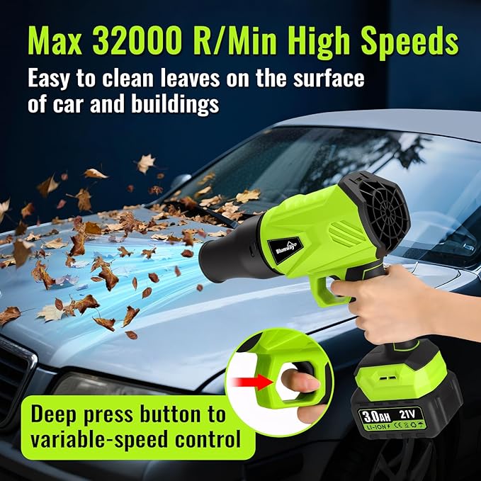 Blumway Leaf Blower Cordless with Battery 21V Handheld Leaf Blower with 3 Extended Nozzles Electric Leaf Blowers with 2 Pcs 3.0Ah Batteries Portable Leaf Blowers for Lawn Care LeavesDust Car