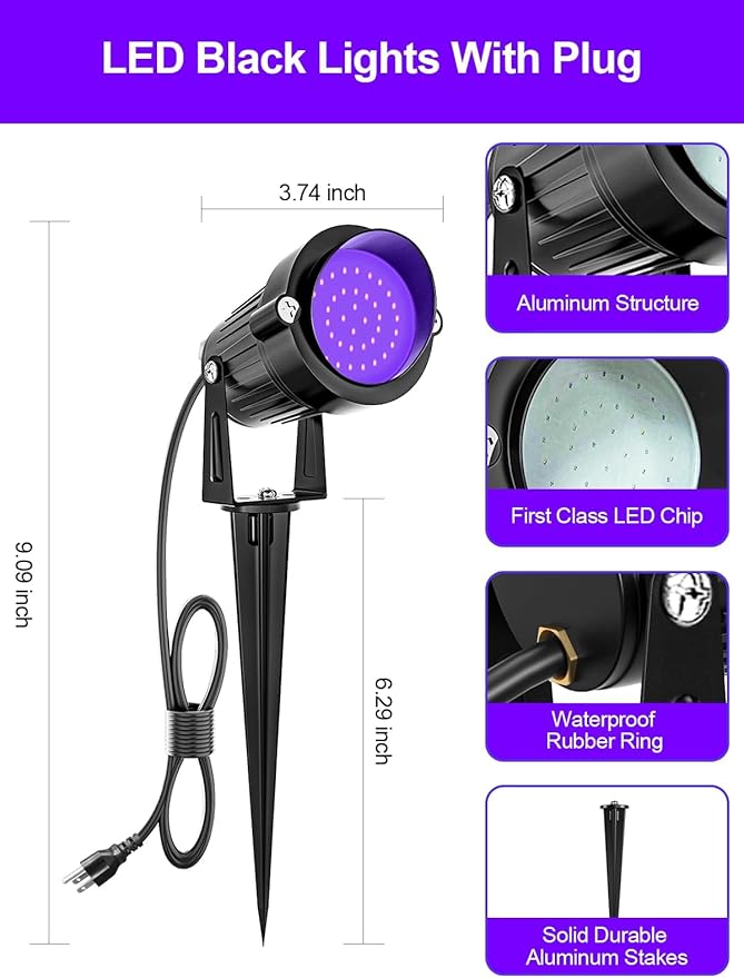 ZUCKEO Halloween Outdoor Black Light Spotlight LED Blacklight 15W Dusk to Dawn Landscape Spot Lights with US Plug for Glow Party Body Paint Fluorescent Yard Garden Decor(4Pack)